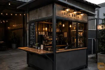 ซุ้มกาแฟสไตล์อินดัสเทรียล โครงสีดำผสมงานไม้ เหมาะกับร้านกาแฟขนาดกะทัดรัด