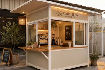 ซุ้มกาแฟมินิมอลโทนอบอุ่น สีครีมขาว พร้อมหน้าต่างกระจกและเคาน์เตอร์ไม้สำหรับขายเครื่องดื่ม