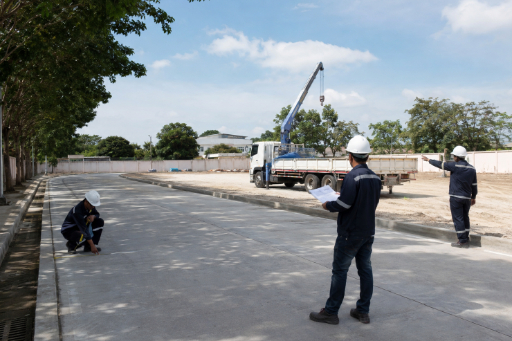 ทีมสำรวจเส้นทางรถและพื้นที่ตั้งเครนก่อนขนส่งป้อมยาม
